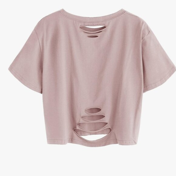 SweatyRocks Women's Summer Short Sleeve Tee Distressed Ripped Crop T-Shirt Tops - Picture 2 of 8